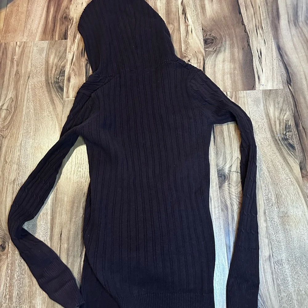 Pattyboutik Y2K Brown Ribbed Knit Hoodie Sweater Womens Small Fitted Cotton - Picture 7 of 7